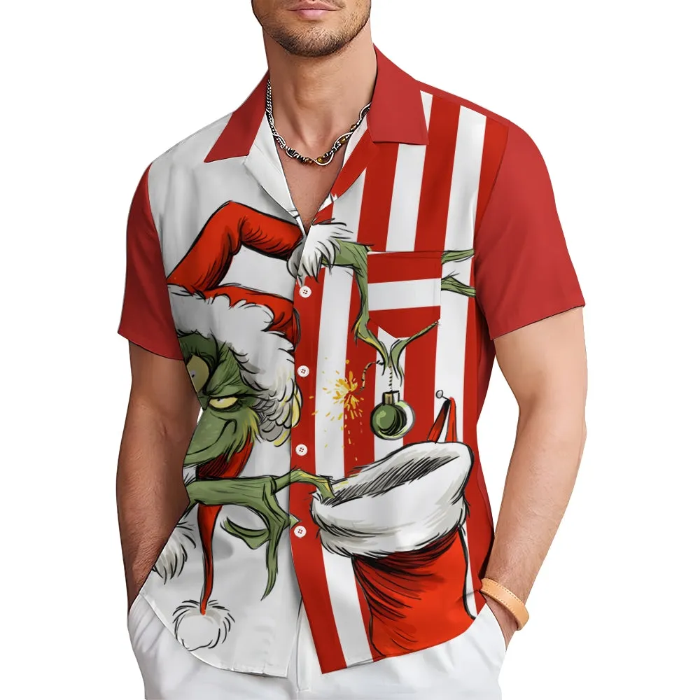 THE GRINCH  Christmas Striped Chest Pocket Short Sleeved Shirt 2310000328