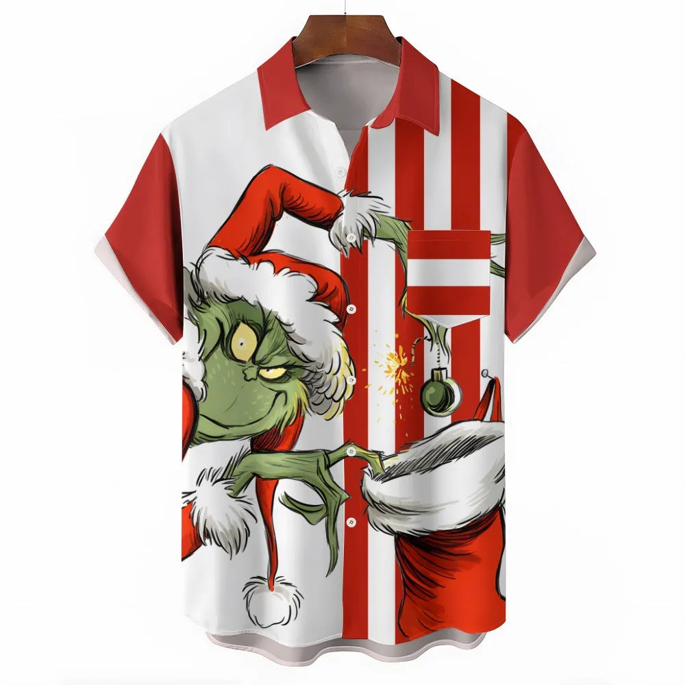 THE GRINCH  Christmas Striped Chest Pocket Short Sleeved Shirt 2310000328