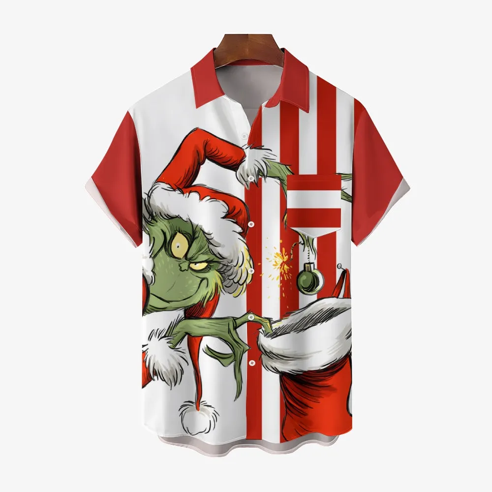 THE GRINCH  Christmas Striped Chest Pocket Short Sleeved Shirt 2310000328