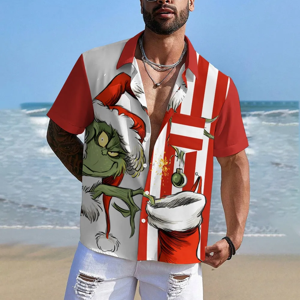 THE GRINCH  Christmas Striped Chest Pocket Short Sleeved Shirt 2310000328