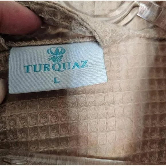 Turquaz Taupe Kimono Waffle Robe Waist Tie Patch Pockets Large