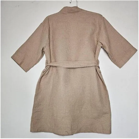 Turquaz Taupe Kimono Waffle Robe Waist Tie Patch Pockets Large