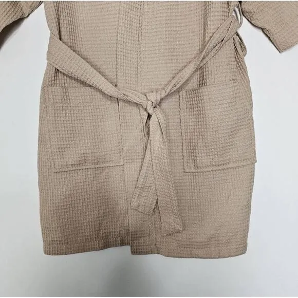 Turquaz Taupe Kimono Waffle Robe Waist Tie Patch Pockets Large