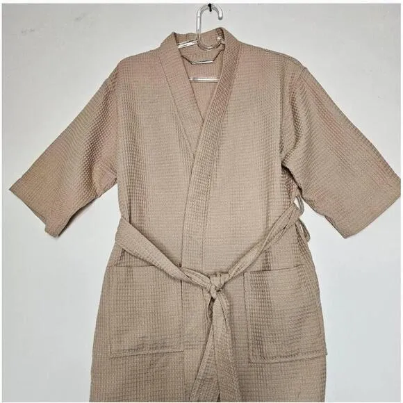 Turquaz Taupe Kimono Waffle Robe Waist Tie Patch Pockets Large