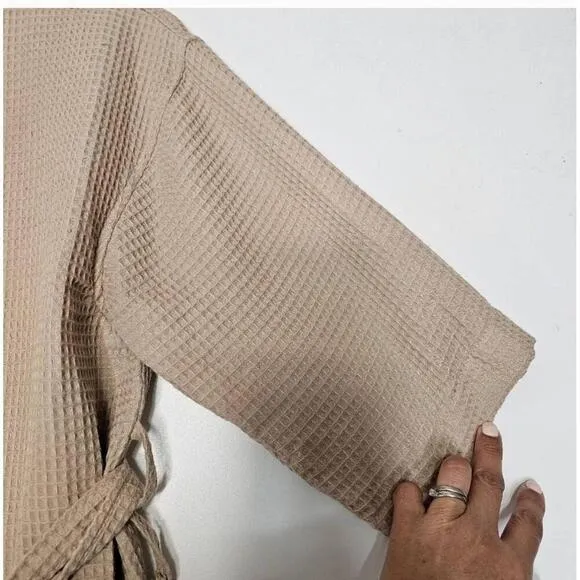 Turquaz Taupe Kimono Waffle Robe Waist Tie Patch Pockets Large