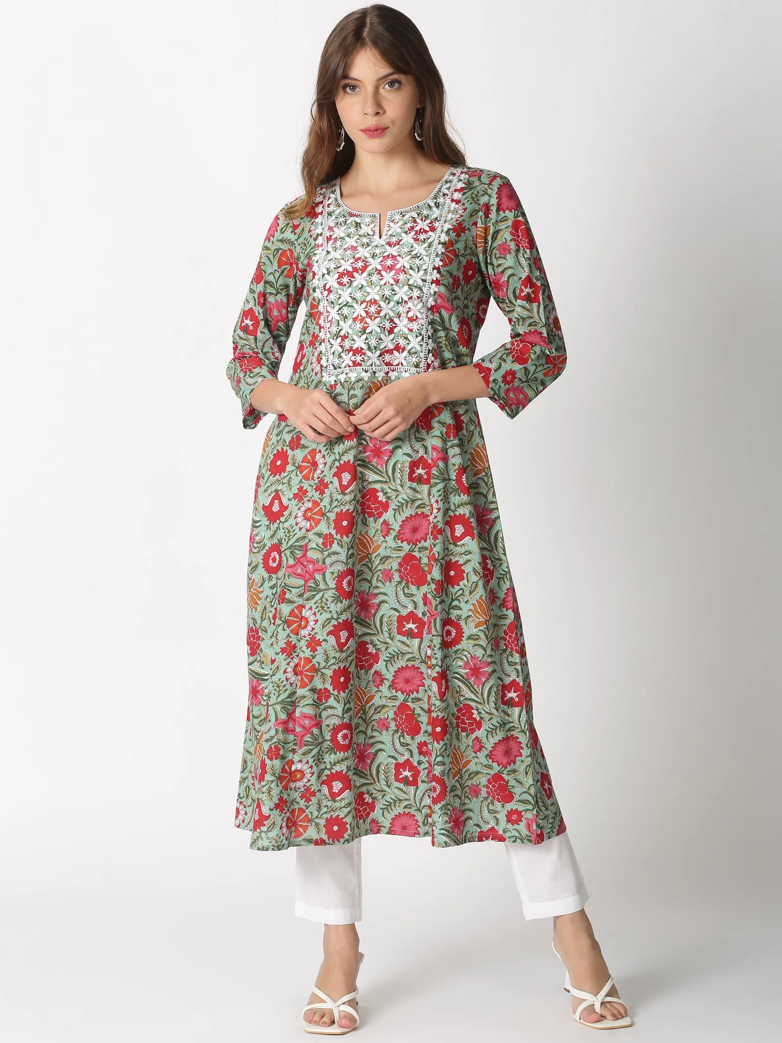 Turquoise Blue Cotton Floral Printed A-line Kurta with Lucknowi Chikankari Embroidered Neck