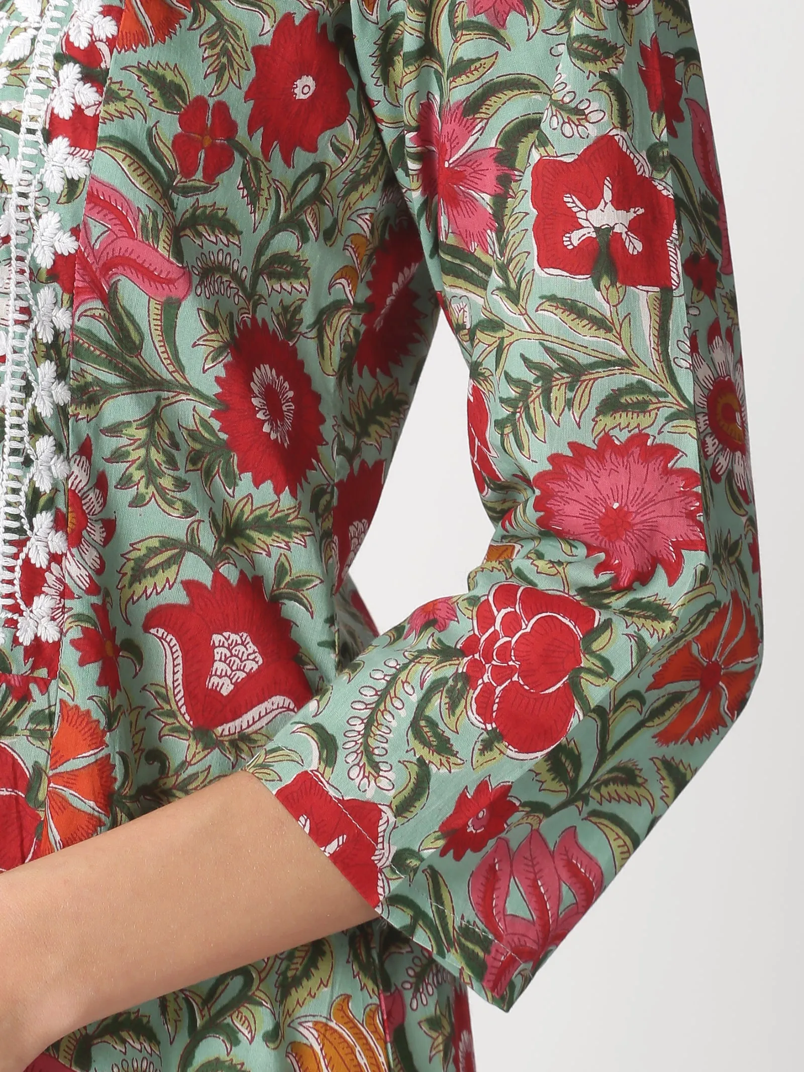 Turquoise Blue Cotton Floral Printed A-line Kurta with Lucknowi Chikankari Embroidered Neck