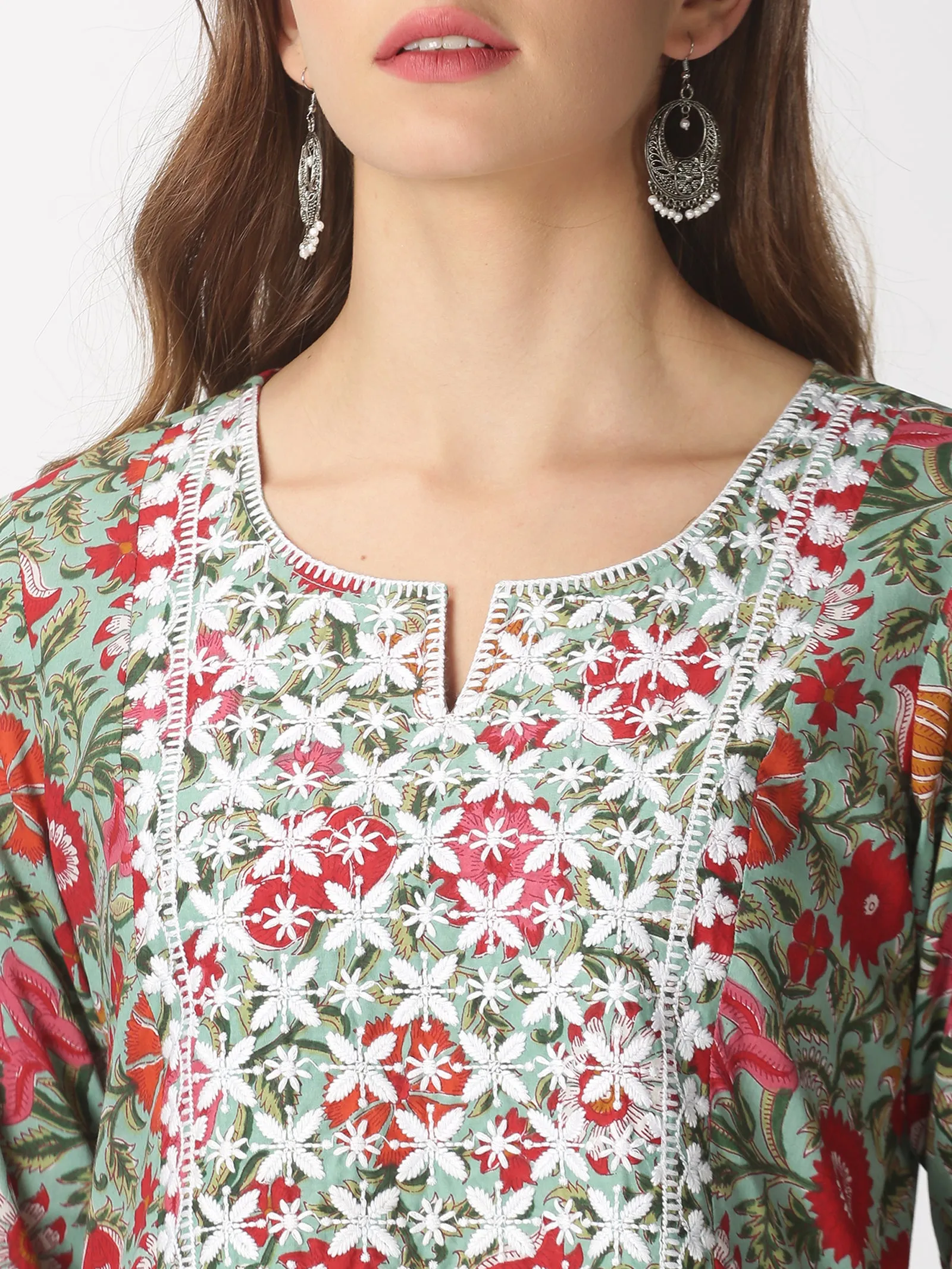 Turquoise Blue Cotton Floral Printed A-line Kurta with Lucknowi Chikankari Embroidered Neck