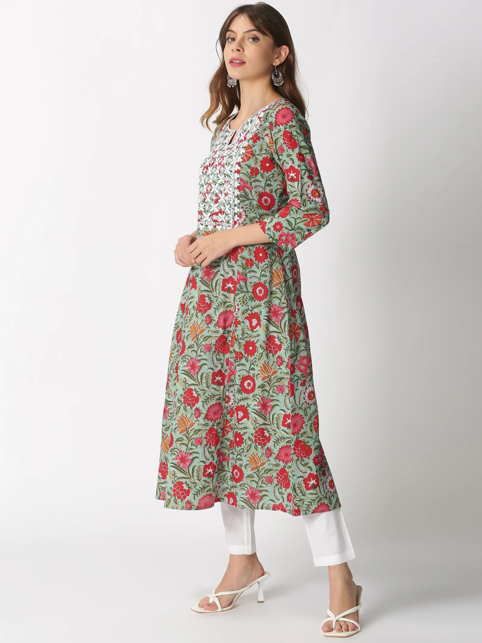 Turquoise Blue Cotton Floral Printed A-line Kurta with Lucknowi Chikankari Embroidered Neck