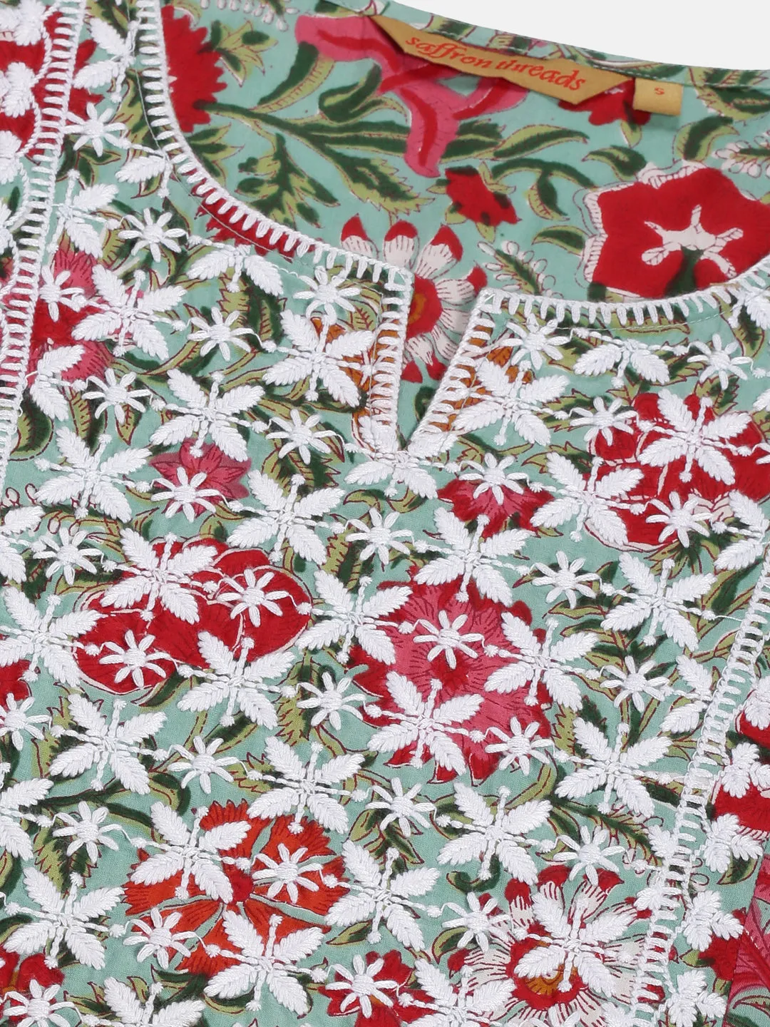 Turquoise Blue Cotton Floral Printed A-line Kurta with Lucknowi Chikankari Embroidered Neck