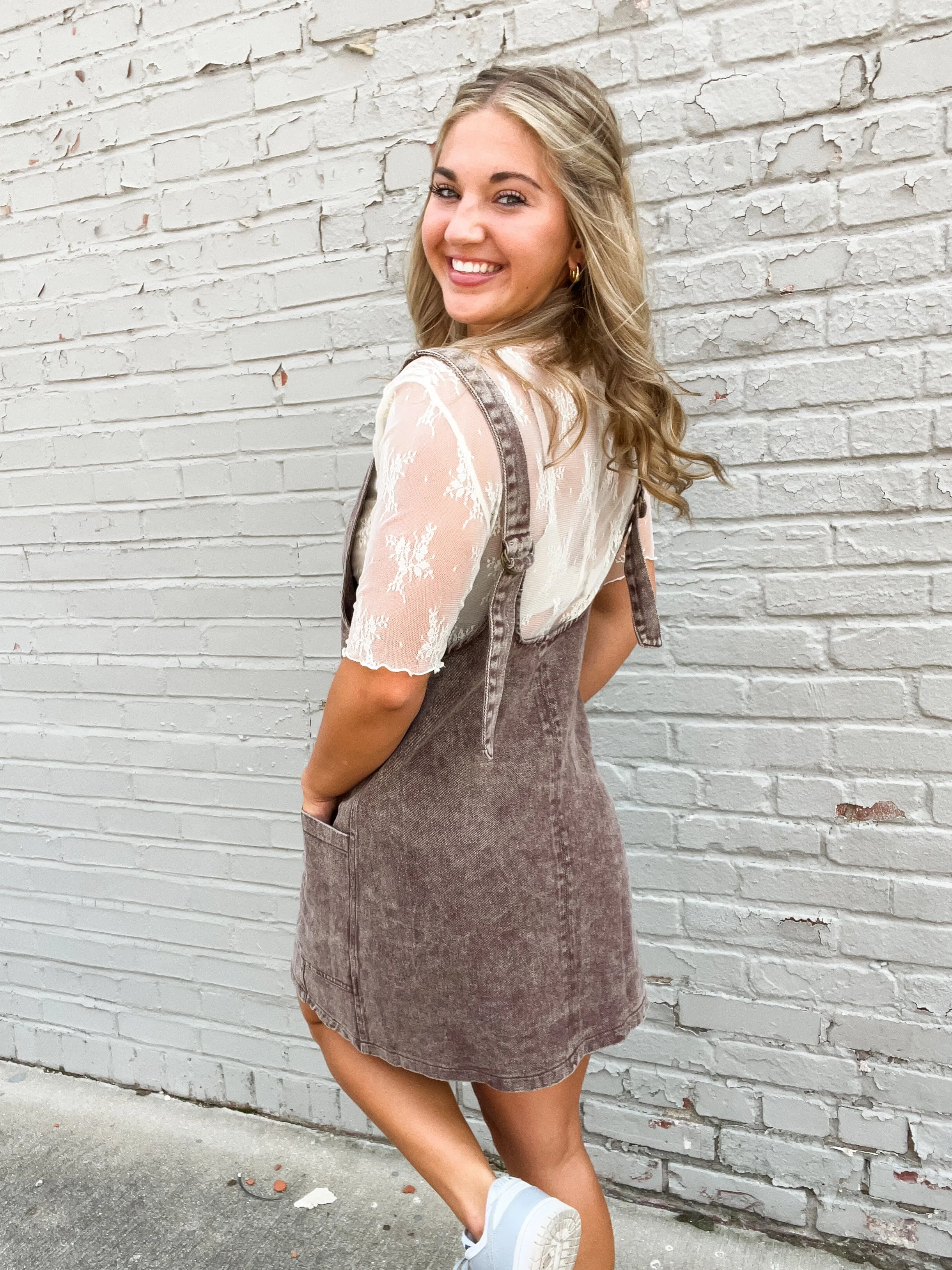 WHAT A GIRL WANTS OVERALL DENIM DRESS-BROWN