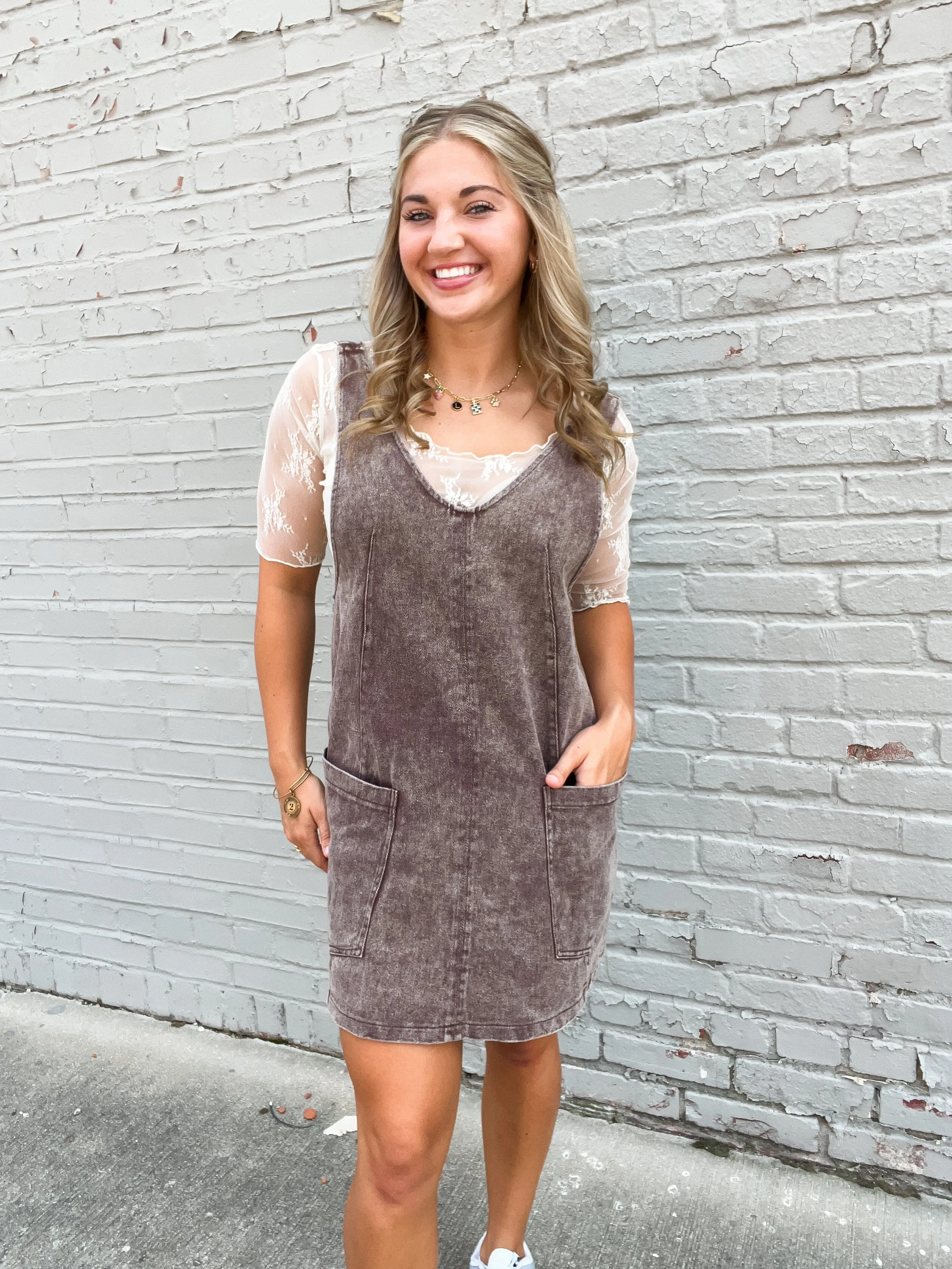 WHAT A GIRL WANTS OVERALL DENIM DRESS-BROWN