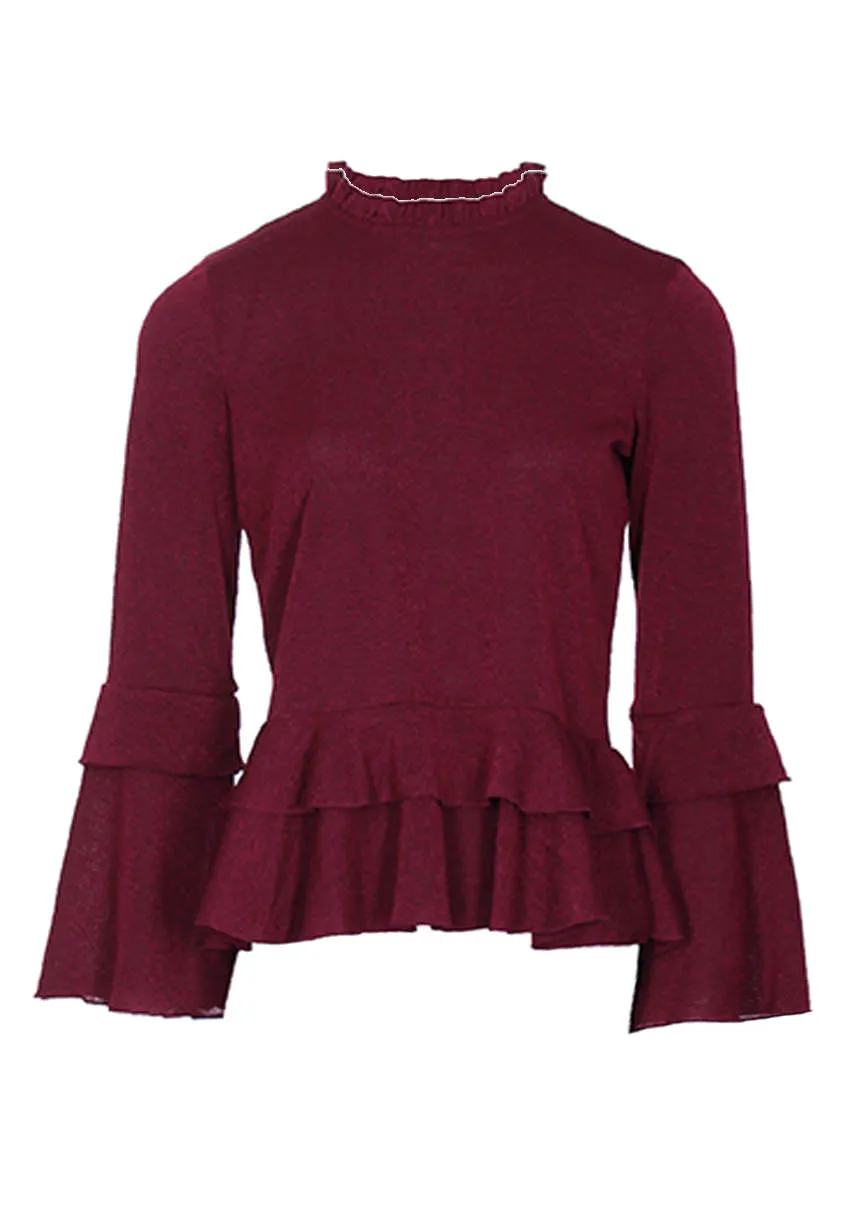Wine High Neck Frill Top