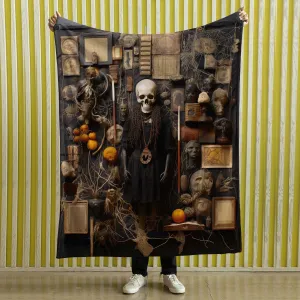 Witches Bookshelf Throw Blanket Spooky Woven Cotton Throw for Halloween, Oddities Dark Academia Decor, Skulls Black Cat Potions, Cute Magic Goth, Dark Cottagecore, skeletons and book 006