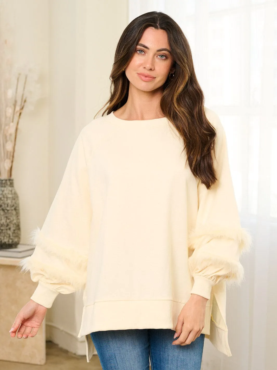 WOMEN'S LONG FEATHER SLEEVE OVERSIZED HIGH-LOW TOP