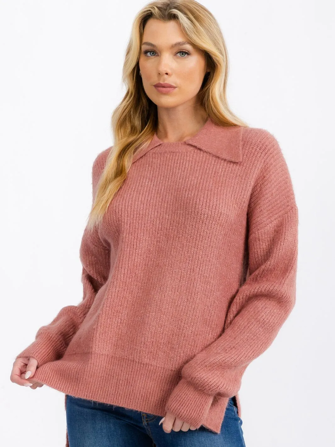 WOMEN'S LONG SLEEVE COLLAR HIGH-LOW PULLOVER SWEATER