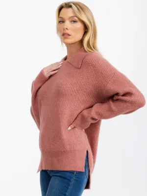 WOMEN'S LONG SLEEVE COLLAR HIGH-LOW PULLOVER SWEATER