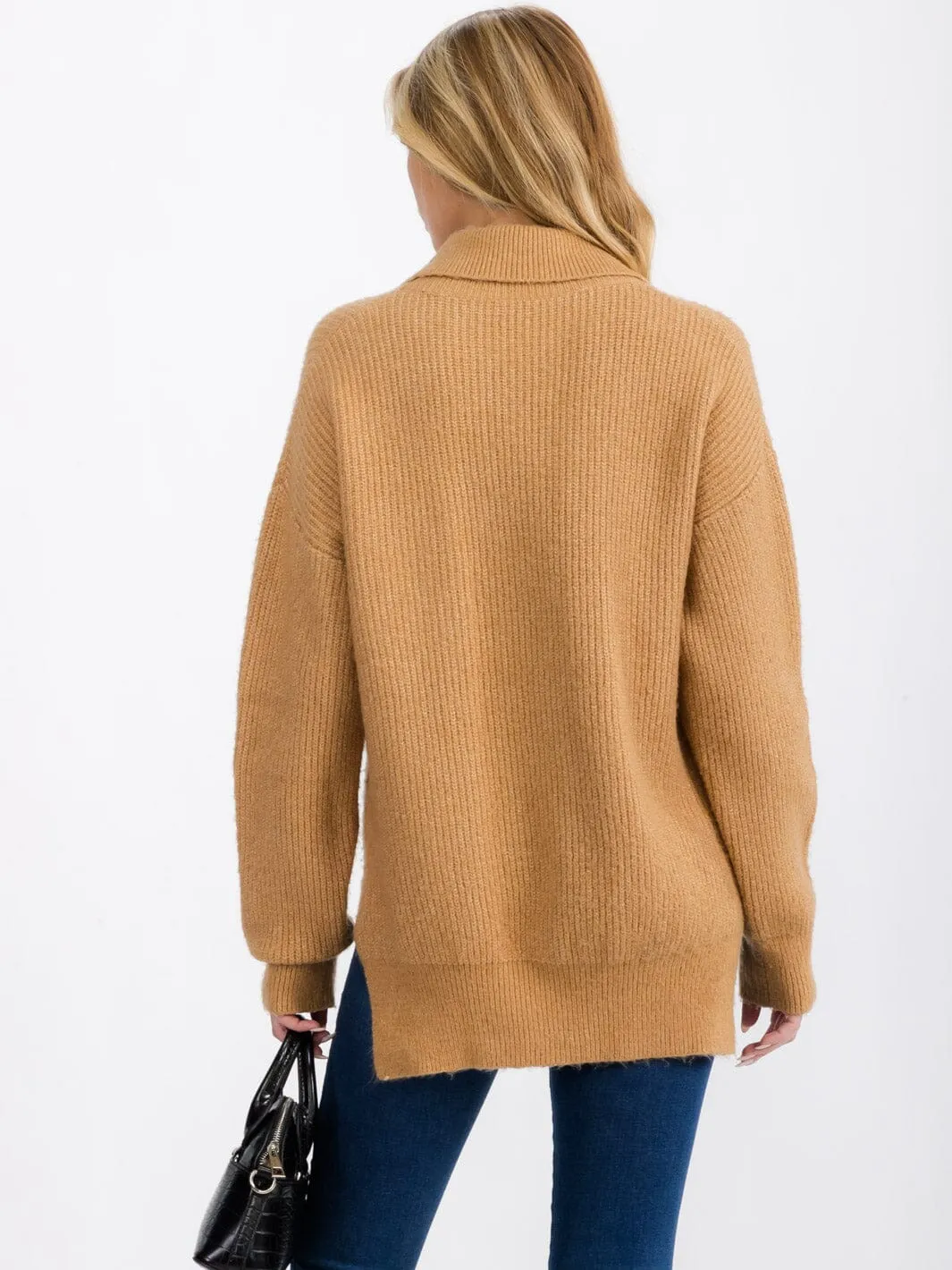 WOMEN'S LONG SLEEVE COLLAR HIGH-LOW PULLOVER SWEATER