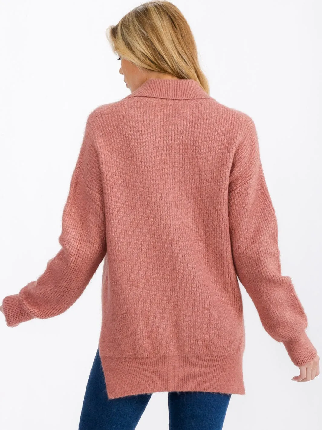 WOMEN'S LONG SLEEVE COLLAR HIGH-LOW PULLOVER SWEATER