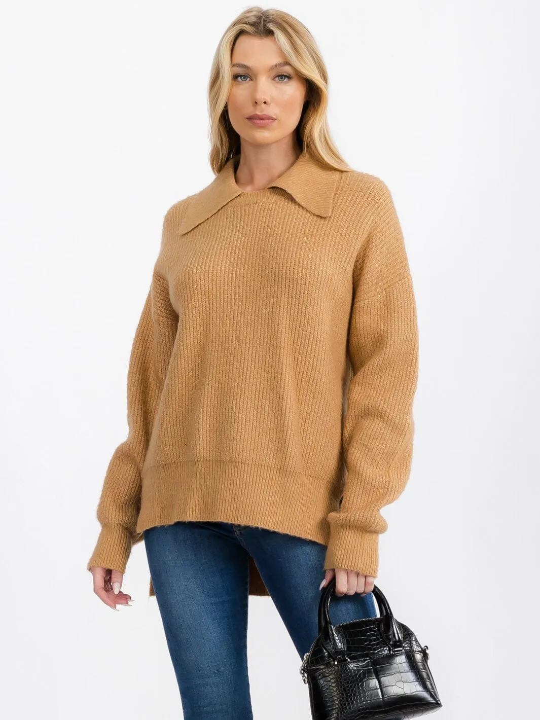 WOMEN'S LONG SLEEVE COLLAR HIGH-LOW PULLOVER SWEATER