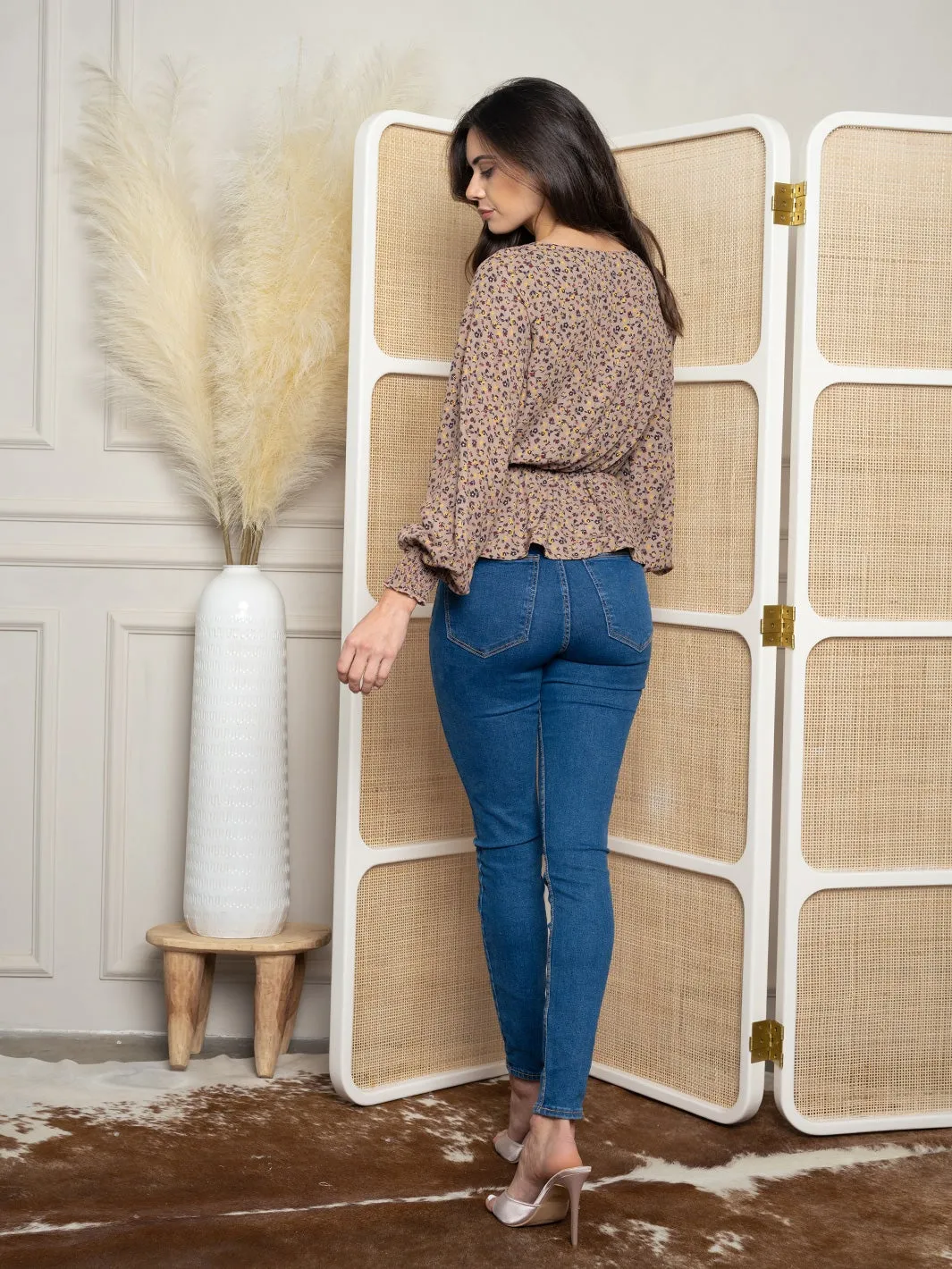 WOMEN'S LONG SLEEVE FLORAL WOVEN TOP