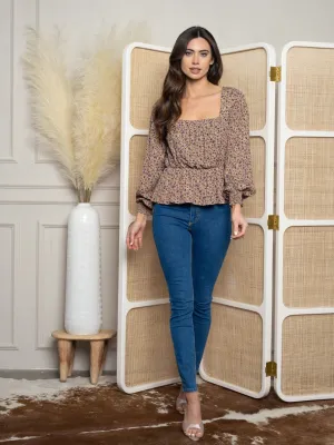 WOMEN'S LONG SLEEVE FLORAL WOVEN TOP