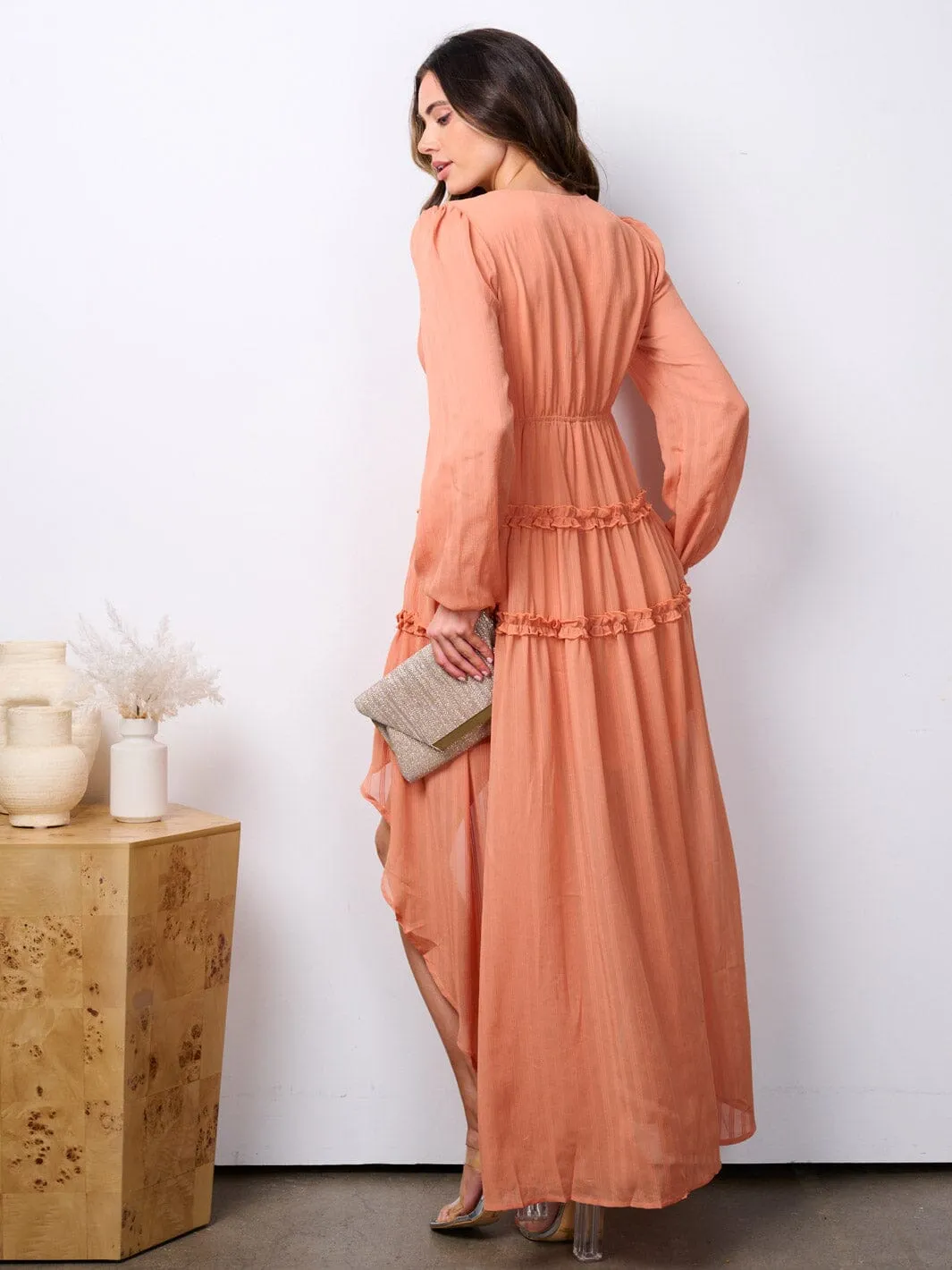 WOMEN'S LONG SLEEVE V-NECK TIERED HIGH-LOW MAXI DRESS