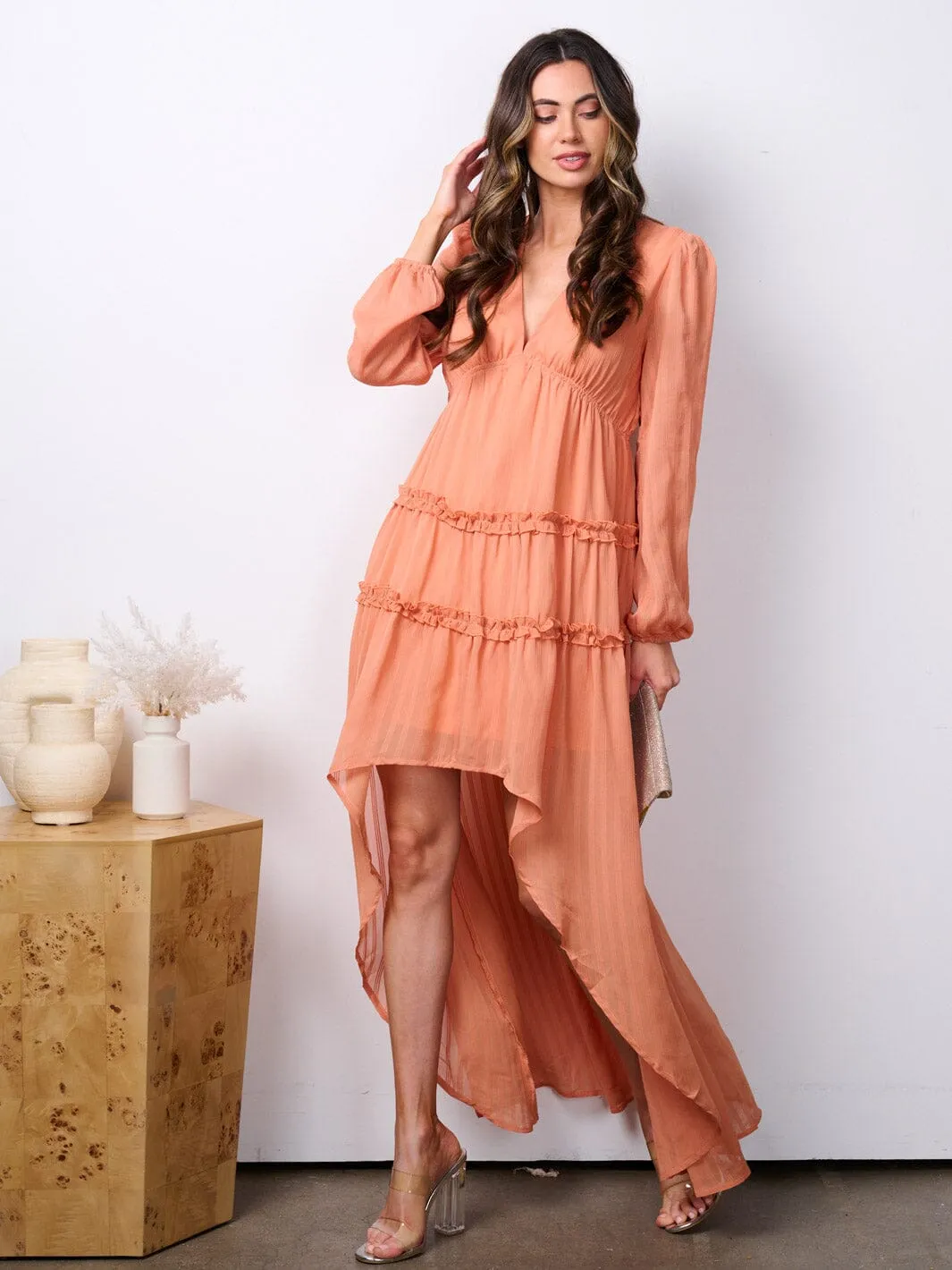 WOMEN'S LONG SLEEVE V-NECK TIERED HIGH-LOW MAXI DRESS