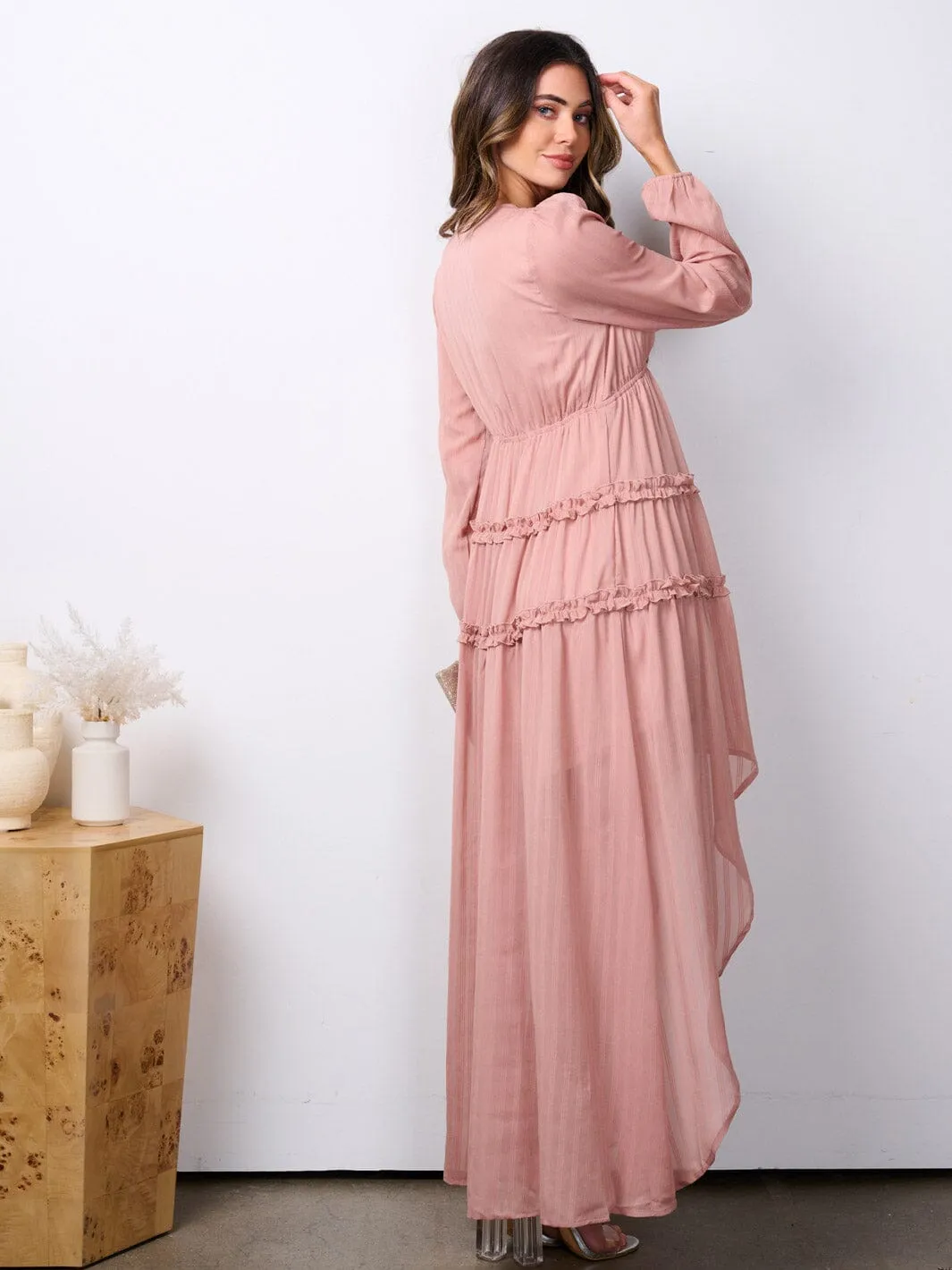 WOMEN'S LONG SLEEVE V-NECK TIERED HIGH-LOW MAXI DRESS
