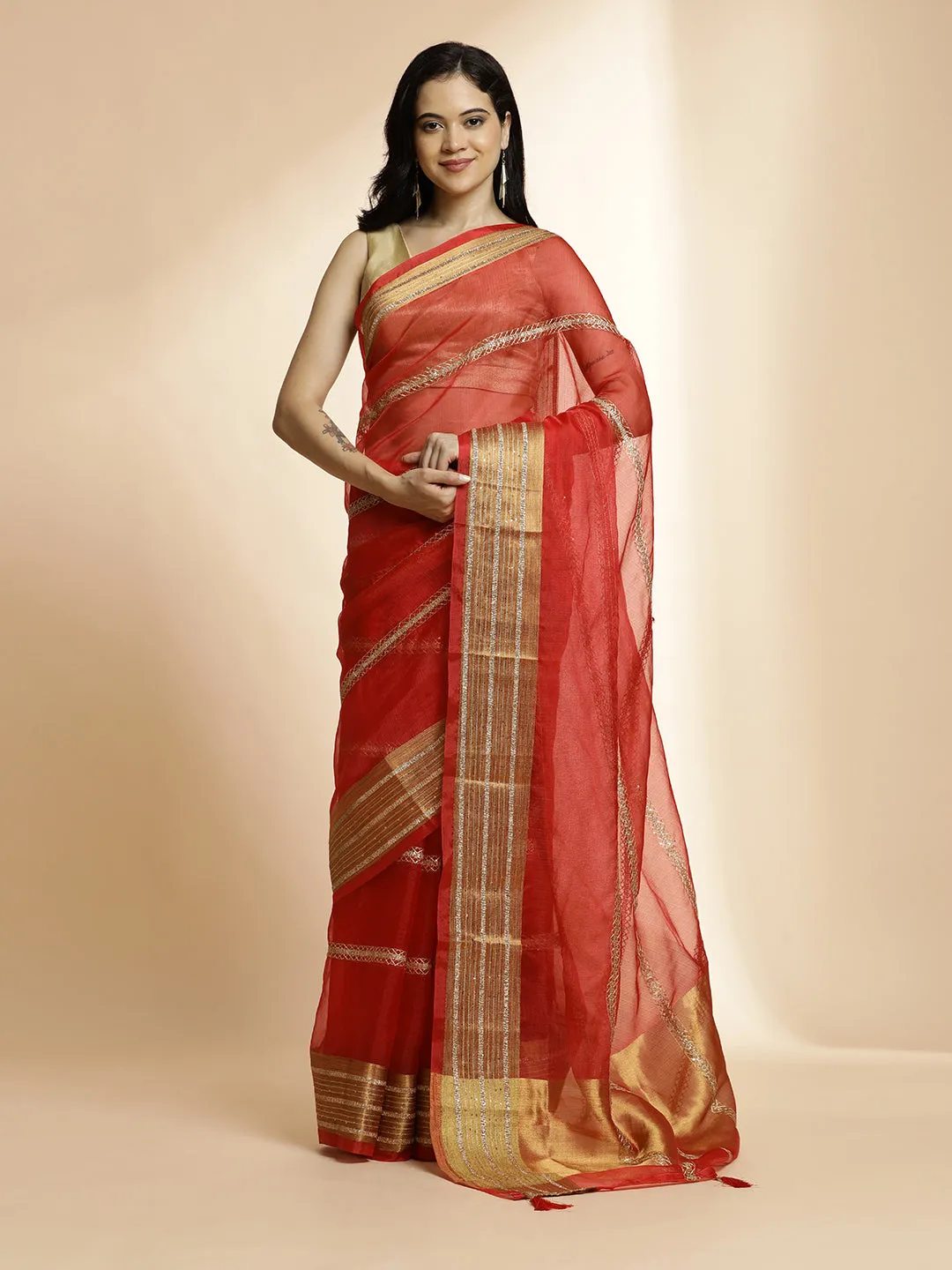 Woven Design Khadi Organza Red Saree