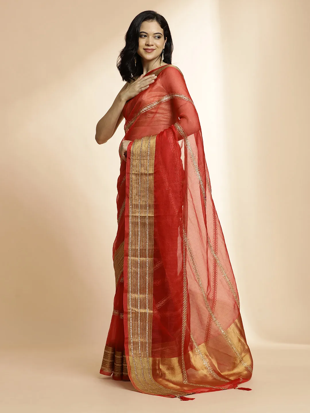 Woven Design Khadi Organza Red Saree